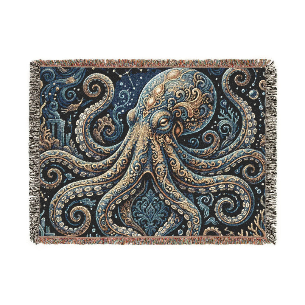 Vintage Octopus Tapestry Woven Blanket | Nautical Sea Creature Throw