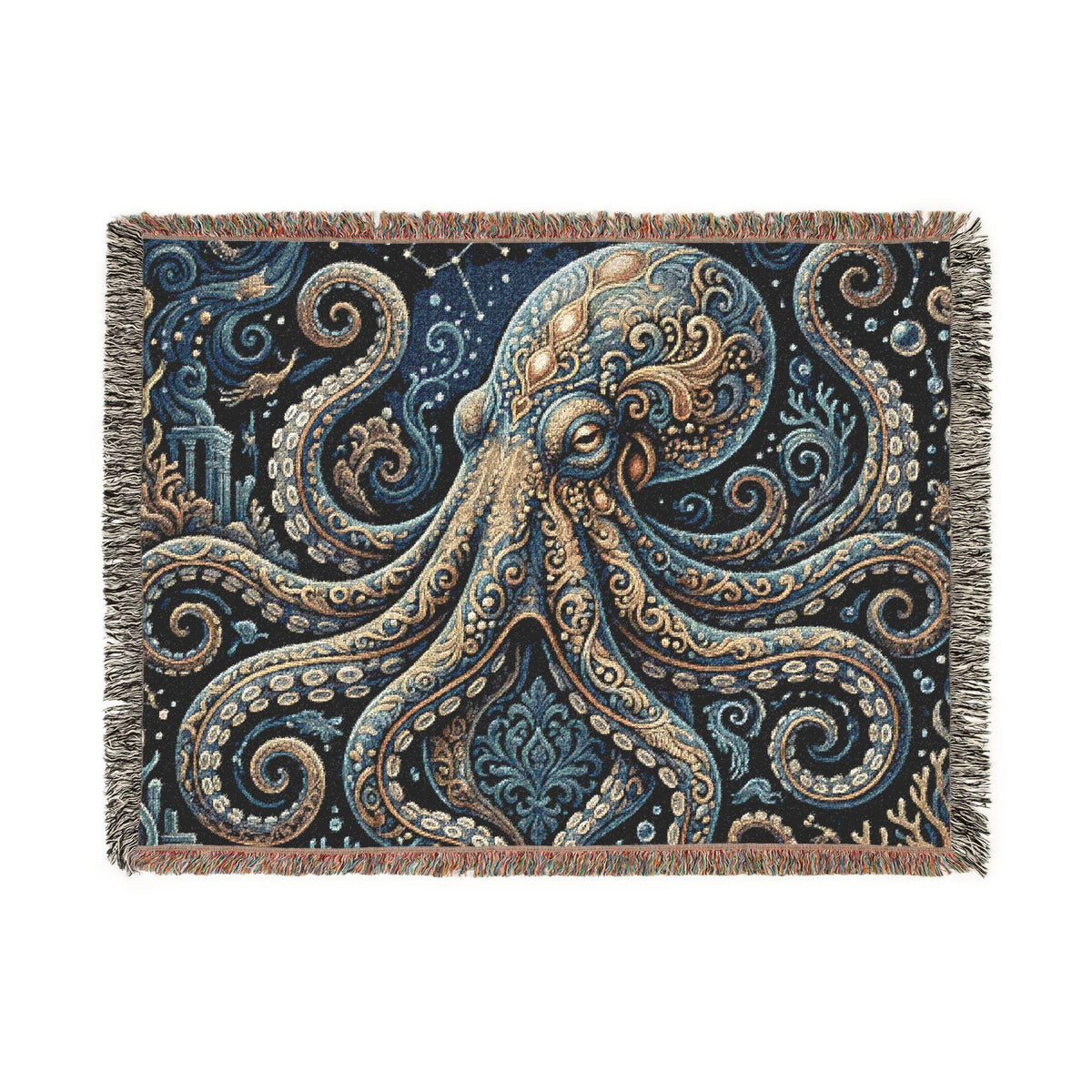 Vintage Octopus Tapestry Woven Blanket | Nautical Sea Creature Throw