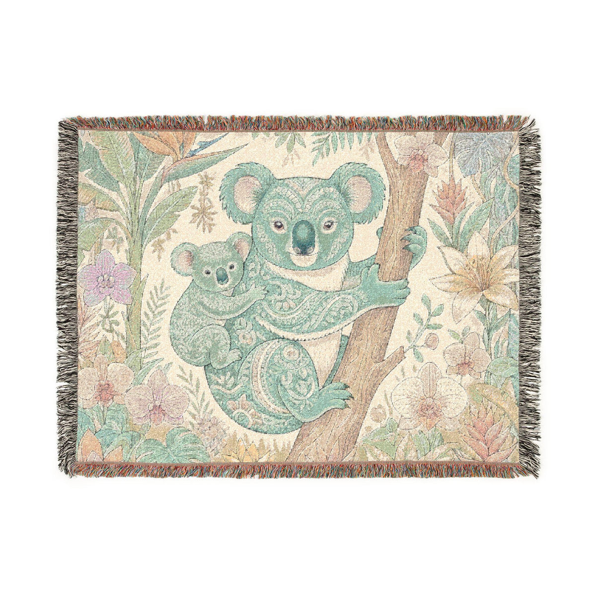 Koala Mother and Baby Woven Blanket | Botanical Nursery Throw, Woodland Animal Decor
