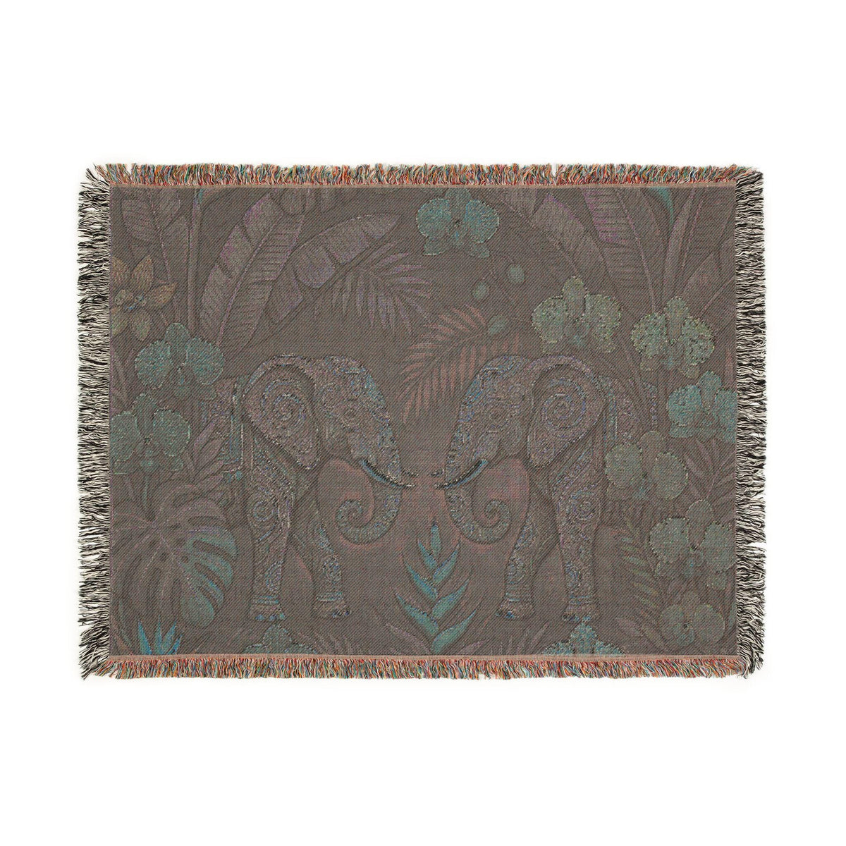 Tropical Elephant Tapestry Blanket | Woven Fringe Throw, Jungle Floral Pattern