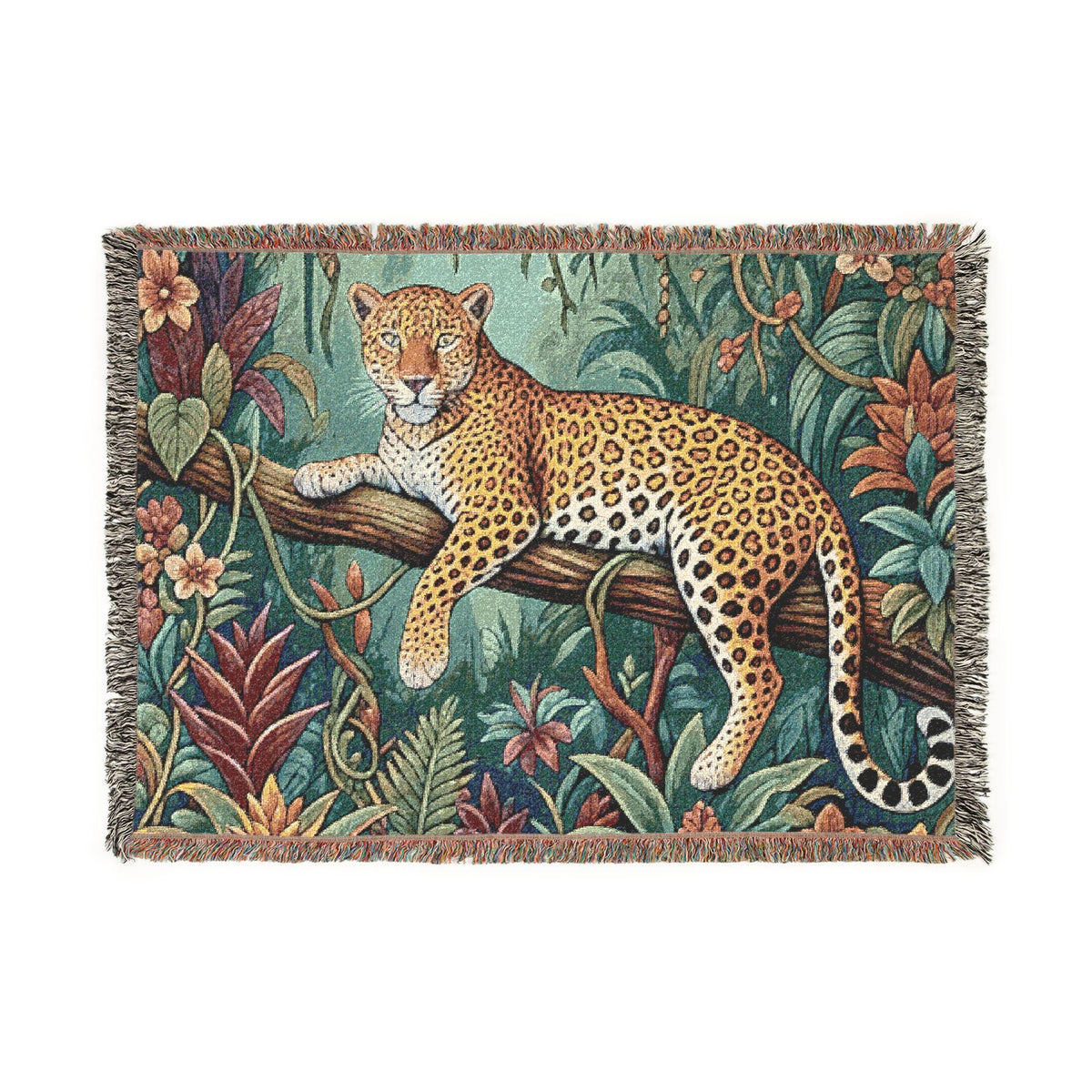 Leopard in Tropical Jungle Woven Blanket | Tapestry Throw with Fringe