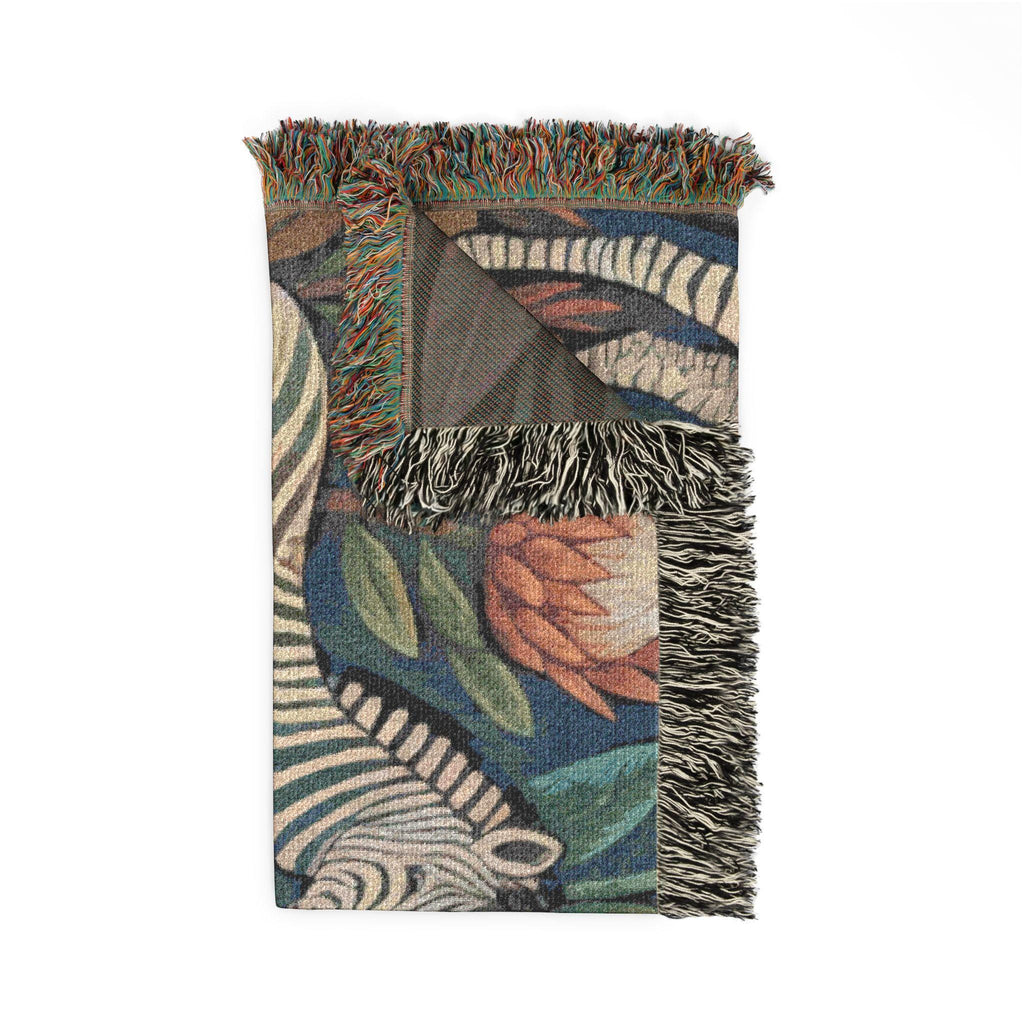 Zebra Folklore Woven Blanket | Tapestry Animal Throw, Botanical Motif