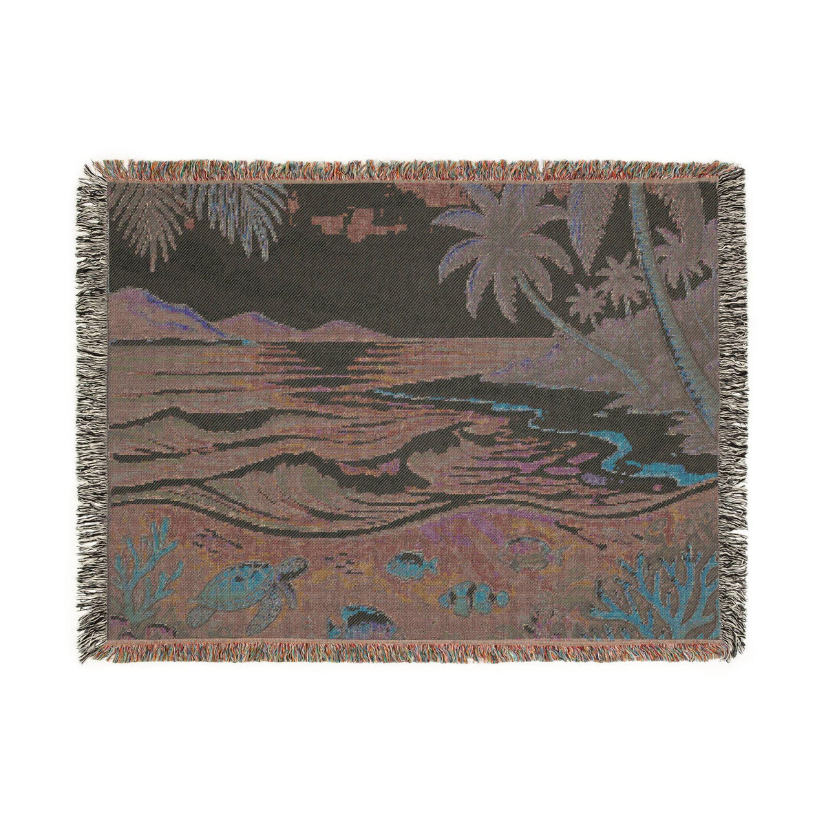 Tropical Beach Scene Woven Blanket | Ocean, Palm Trees, Coral Reef