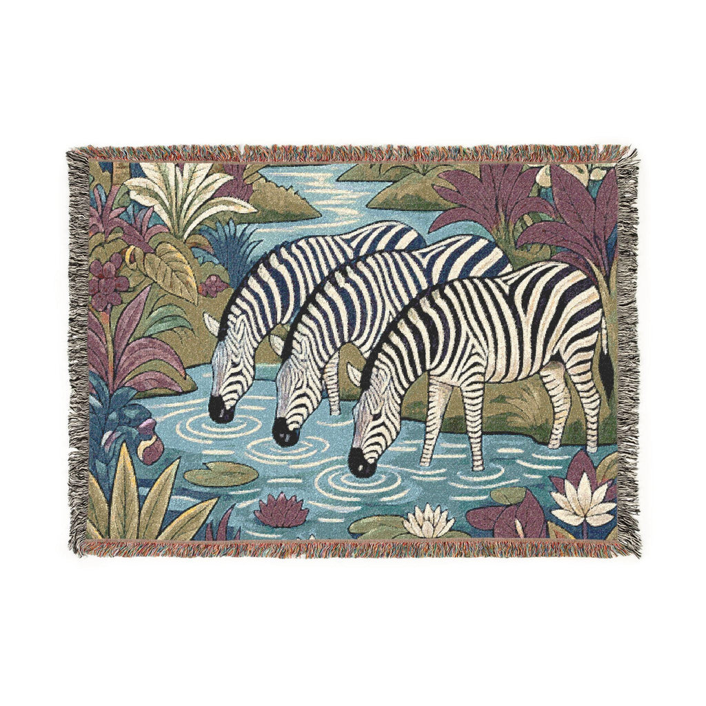 Zebra Trio Drinking at Pond Woven Blanket | Tapestry Animal Throw