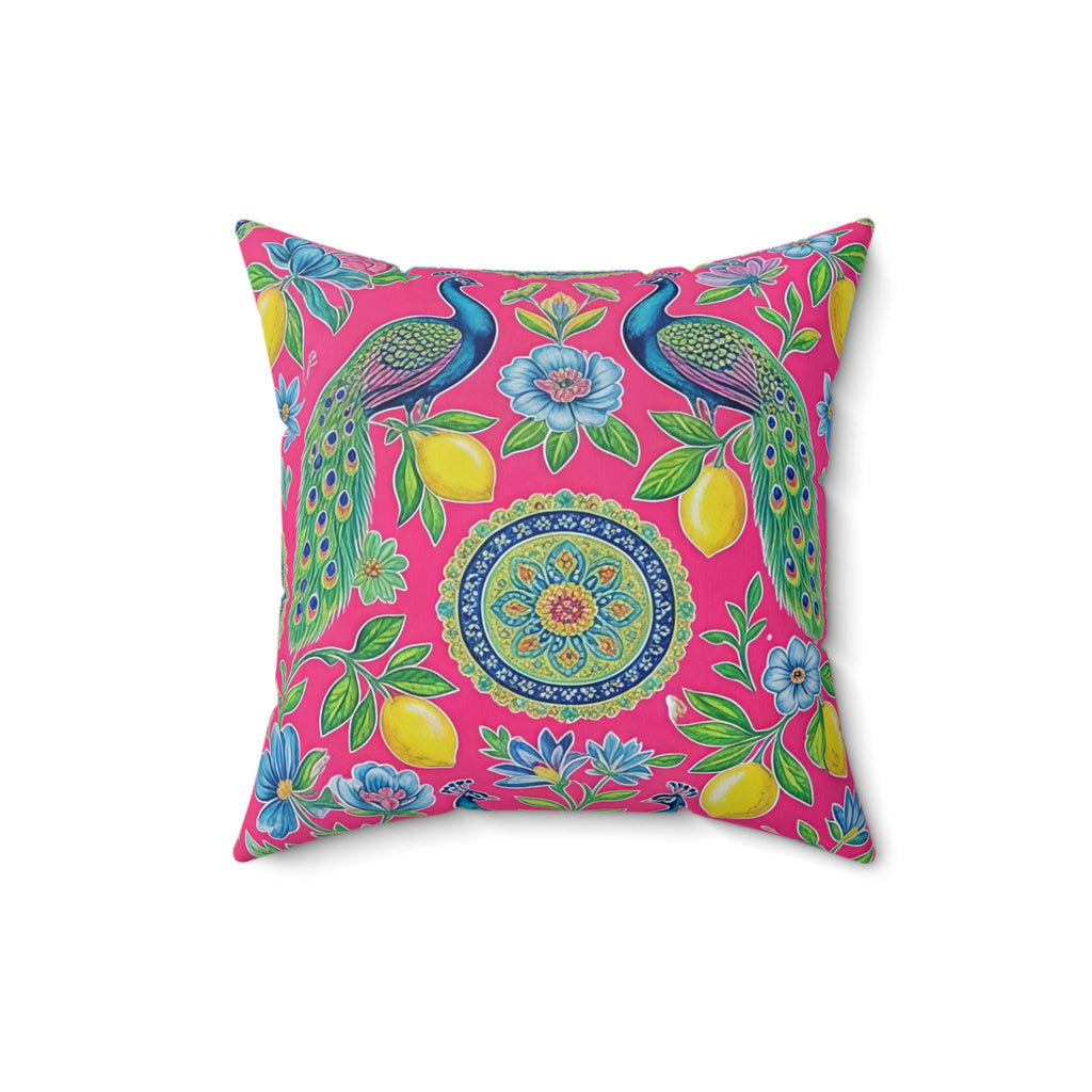 Peacock Lemon Floral Pillow | Bright Pink Decorative Throw Pillow