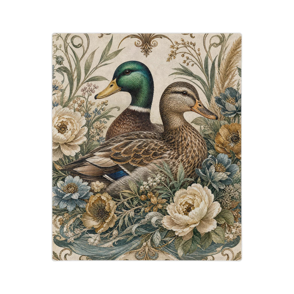 Mallard Duck Floral Illustration Velveteen Microfiber Blanket | Vintage Botanical