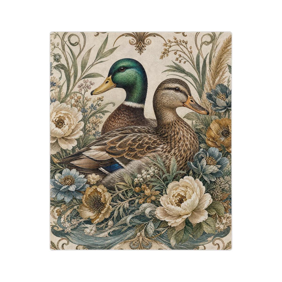 Mallard Duck Floral Illustration Velveteen Microfiber Blanket | Vintage Botanical