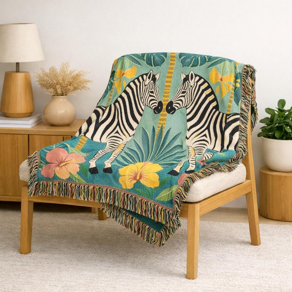 Zebra Mirror Illustration Woven Blanket | Tropical Safari Tapestry Throw