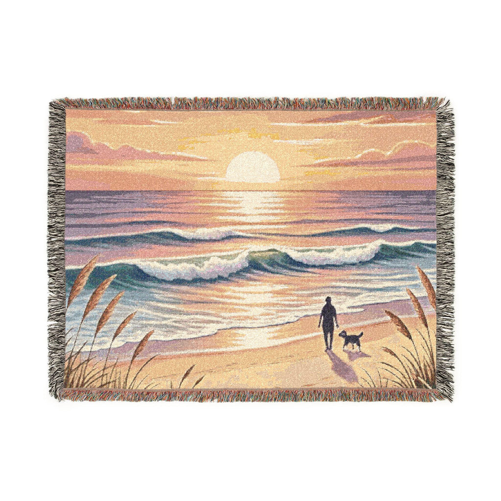 Sunset Beach Walk Woven Blanket | Coastal Ocean Scene Throw