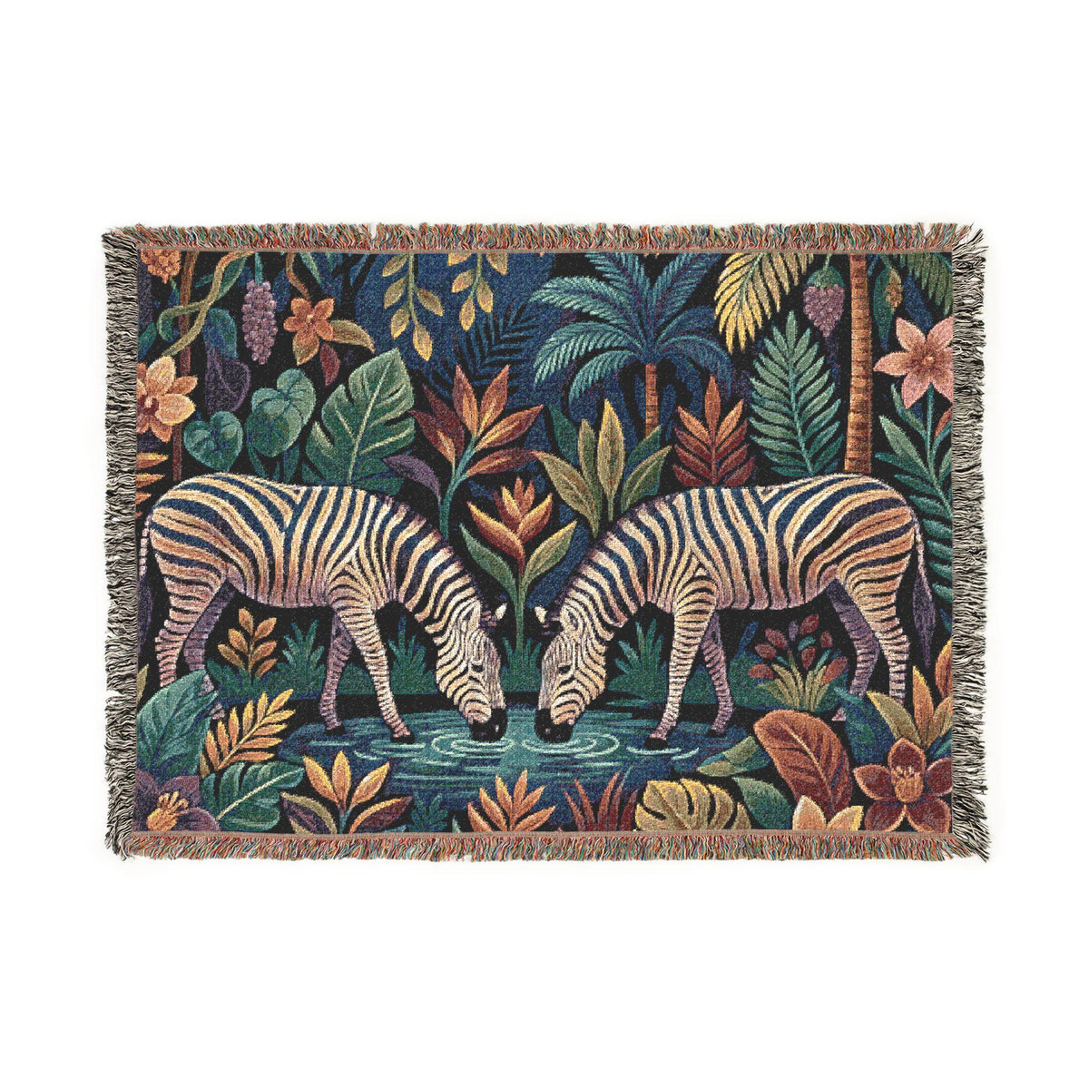 Zebra Jungle Scene Woven Blanket | Tropical Animal Tapestry Throw