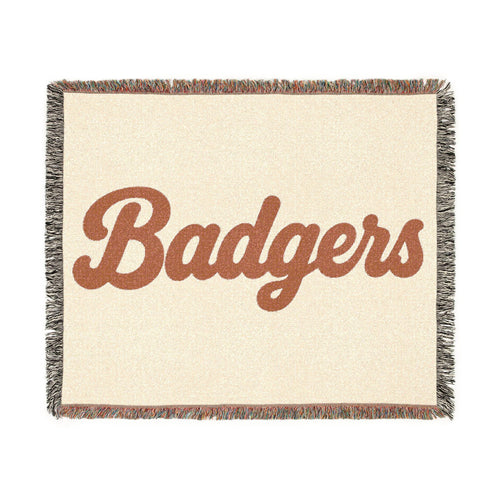 Badgers Woven Blanket | Retro Script Logo, Reversible Fringe Throw