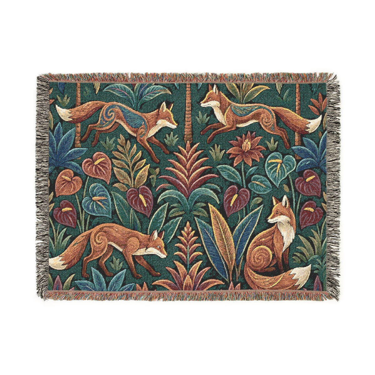 Woodland Foxes Woven Blanket | Tapestry Floral Forest Throw