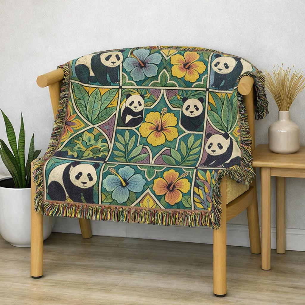 Woven Panda Blanket Throw: 100% Cotton, Colorful Fringe, Animal Wall Art