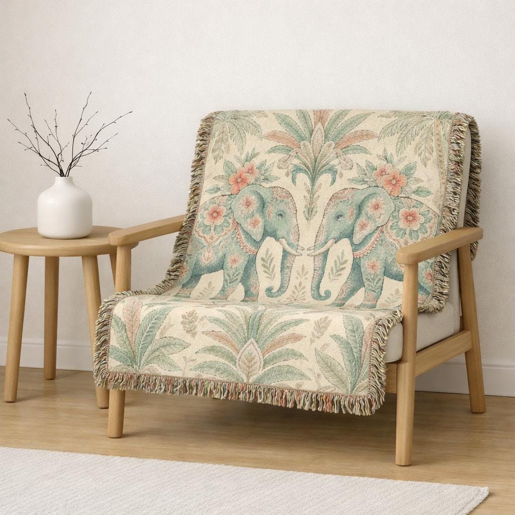 Boho Elephant Tapestry Woven Blanket | Palm Tree Floral Pattern