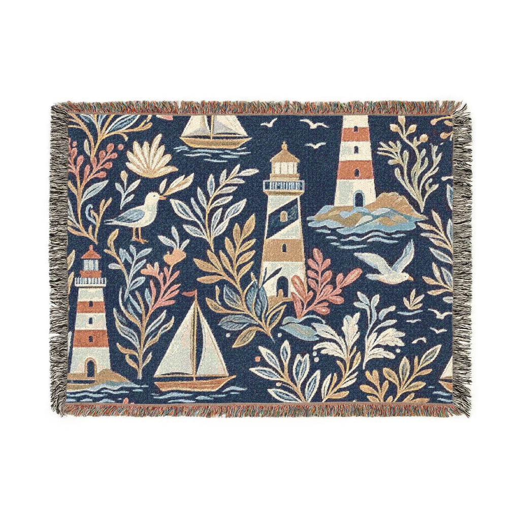 Nautical Lighthouse Sailboat Woven Blanket | Coastal Ocean Throw