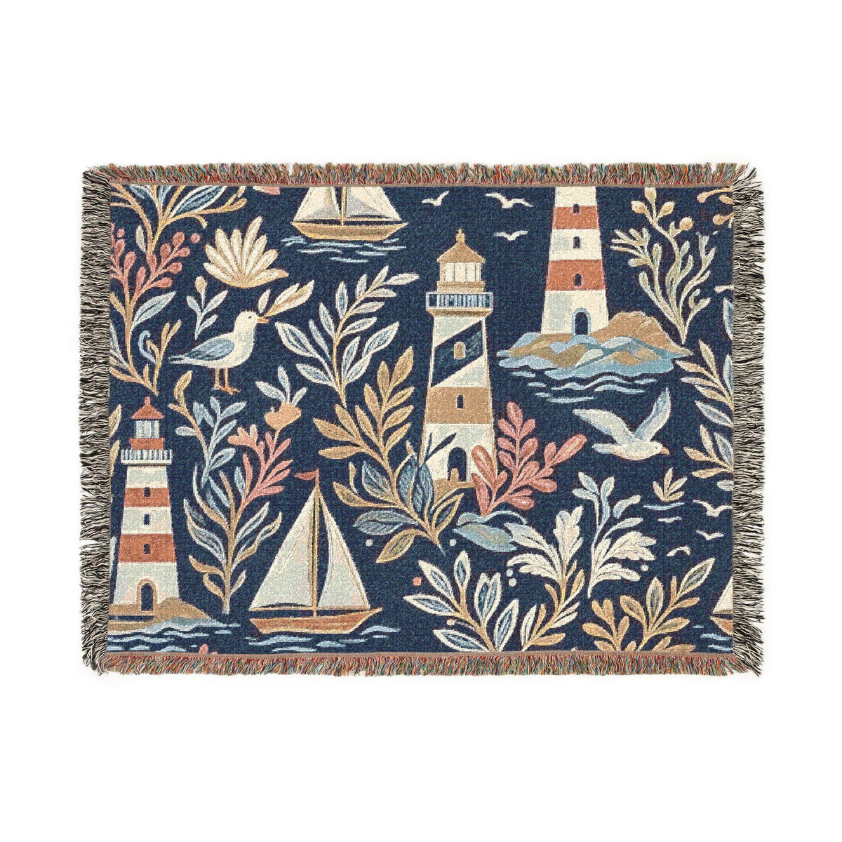 Nautical Lighthouse Sailboat Woven Blanket | Coastal Ocean Throw