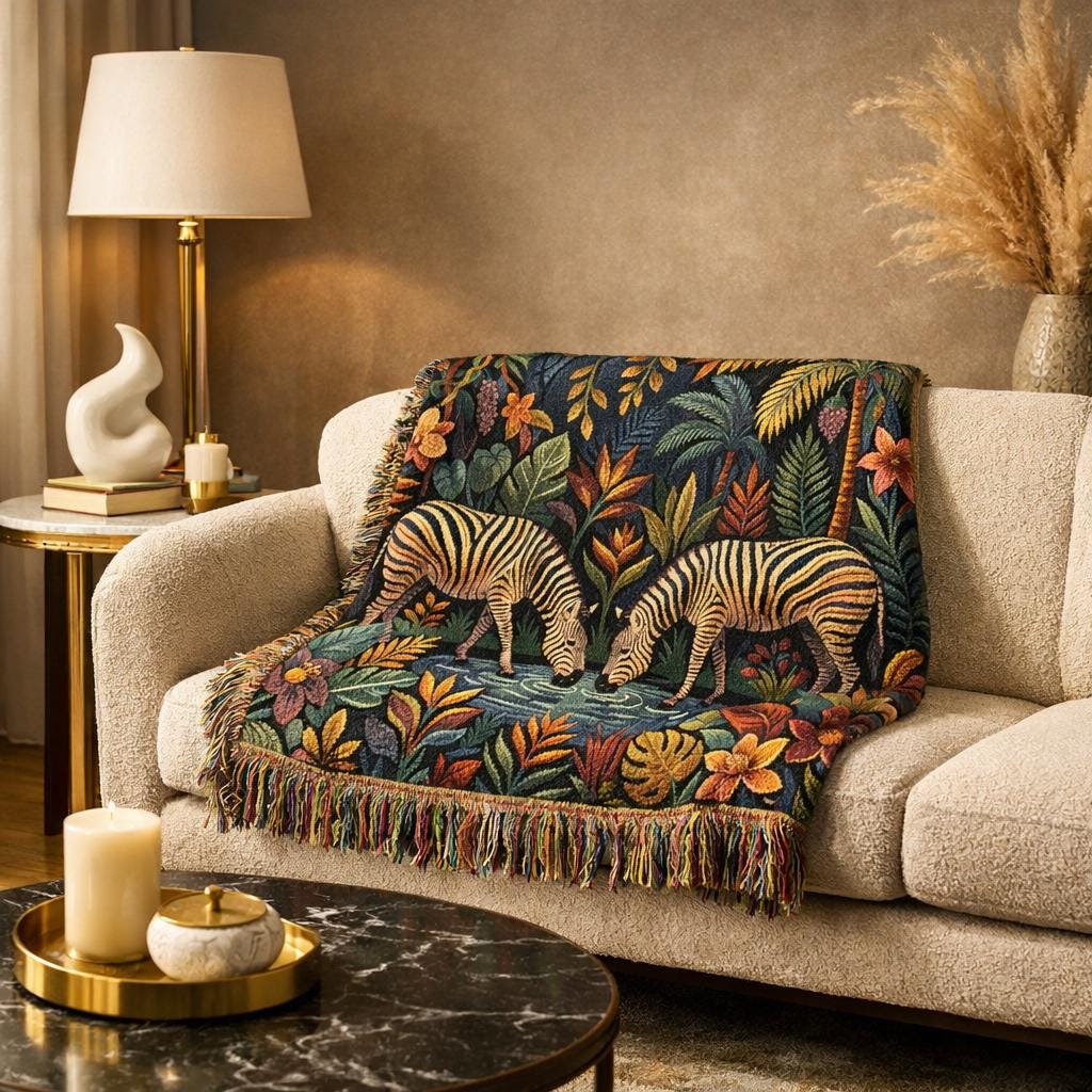Zebra Jungle Scene Woven Blanket | Tropical Animal Tapestry Throw