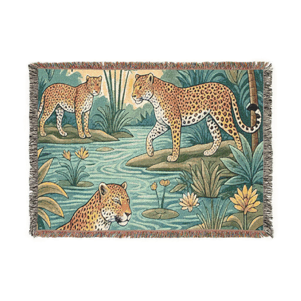 Tropical Leopard Scene Woven Blanket | Jungle Cat Tapestry Throw