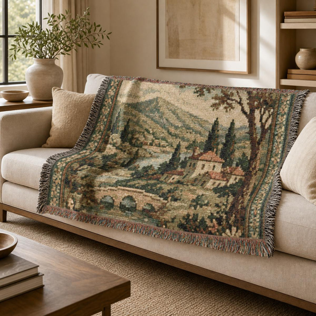 Vintage Cottage Landscape Woven Blanket | Scenic Tapestry Throw