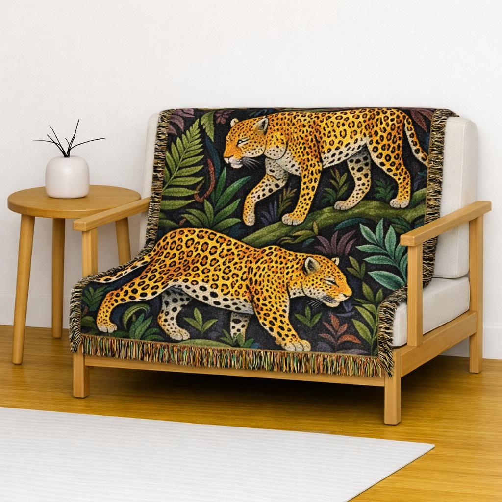 Leopard Jungle Woven Blanket | Tropical Foliage Animal Throw