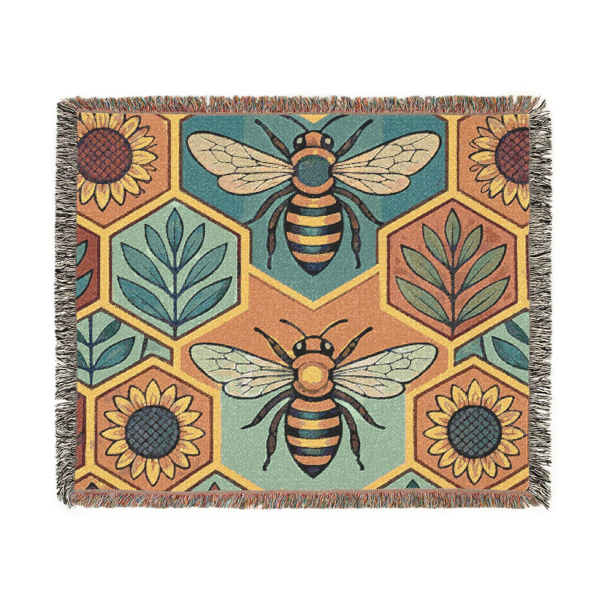 Bee and Sunflower Hexagon Woven Blanket | Honeybee Tapestry Throw
