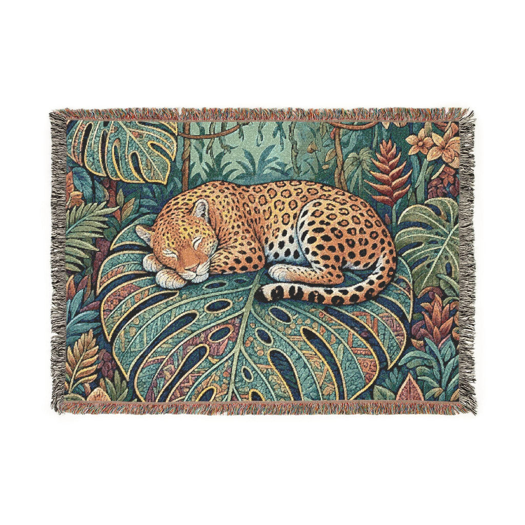 Sleeping Leopard Woven Blanket | Jungle Tapestry Throw, Boho Animal Decor