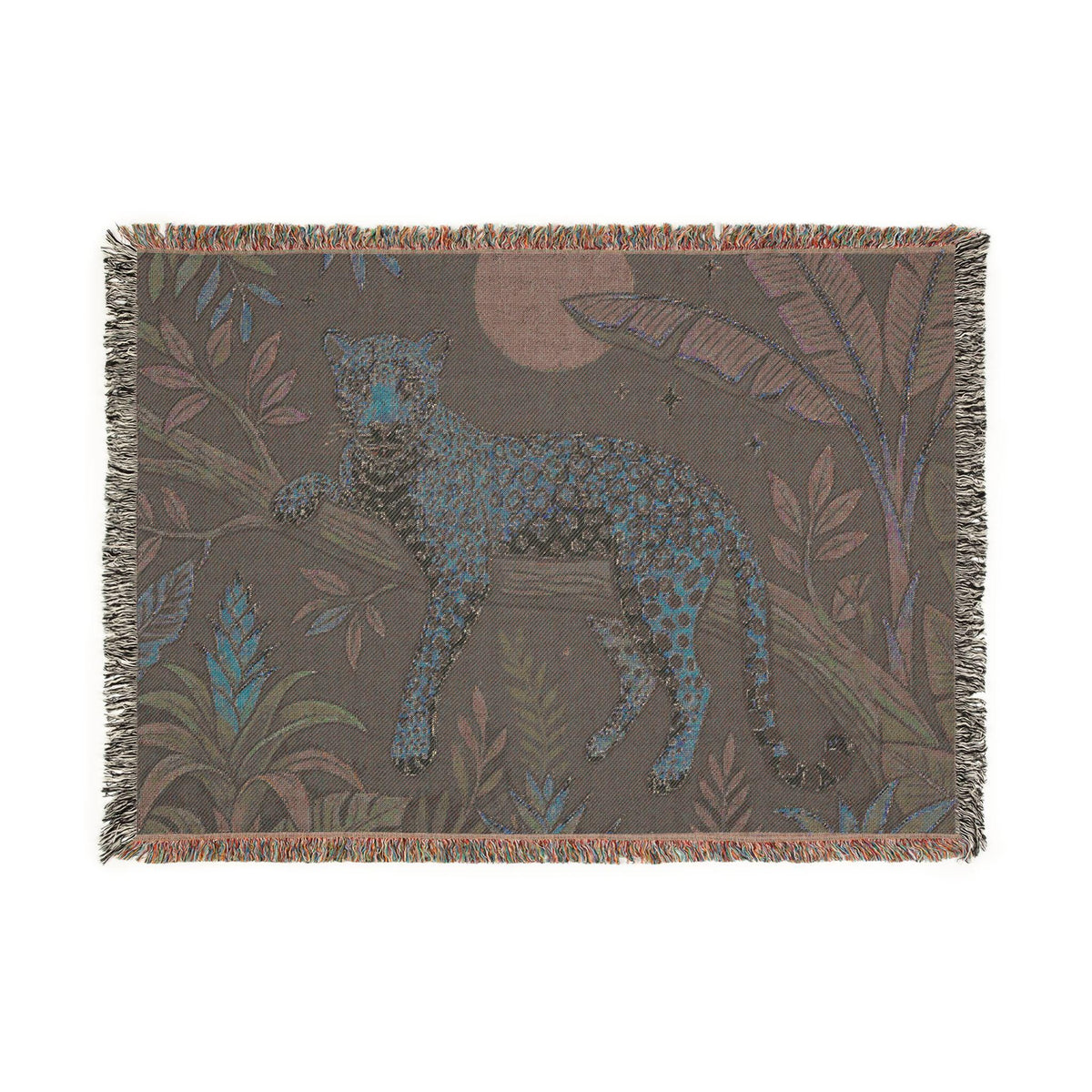 Leopard in Jungle Woven Blanket | Tapestry Throw, Nighttime Botanical Design
