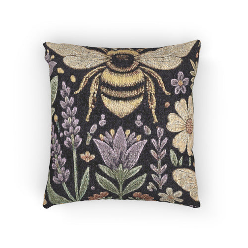 Bee and Wildflower Woven Pillow | Floral Garden Tapestry Cushion