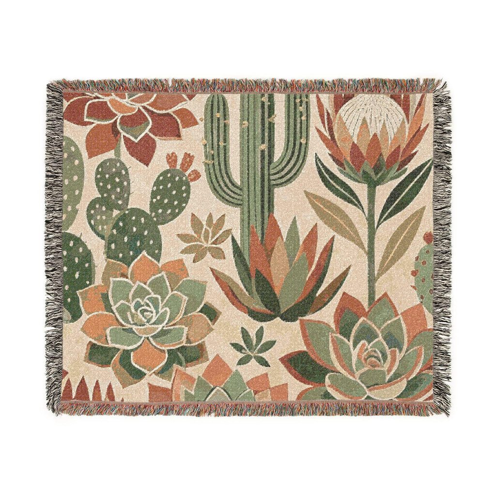 Southwestern Cactus Succulent Woven Blanket, Desert Botanical Throw, 100% Cotton Fabric