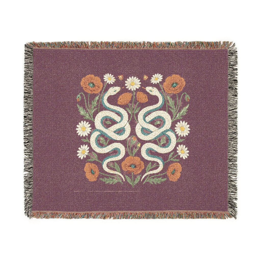 Floral Snakes Woven Blanket | Botanical Serpent Throw, Boho Tapestry