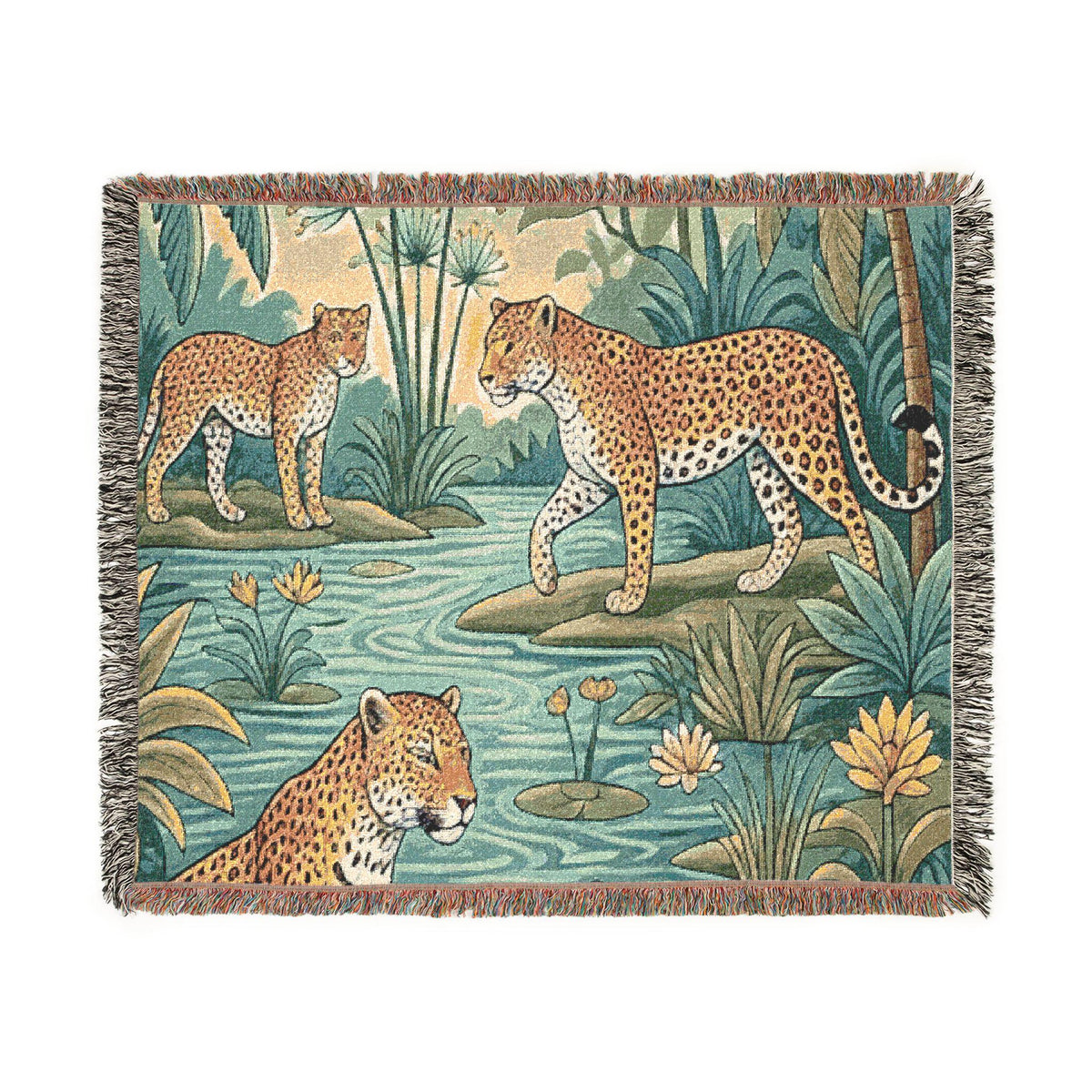 Tropical Leopard Scene Woven Blanket | Jungle Cat Tapestry Throw