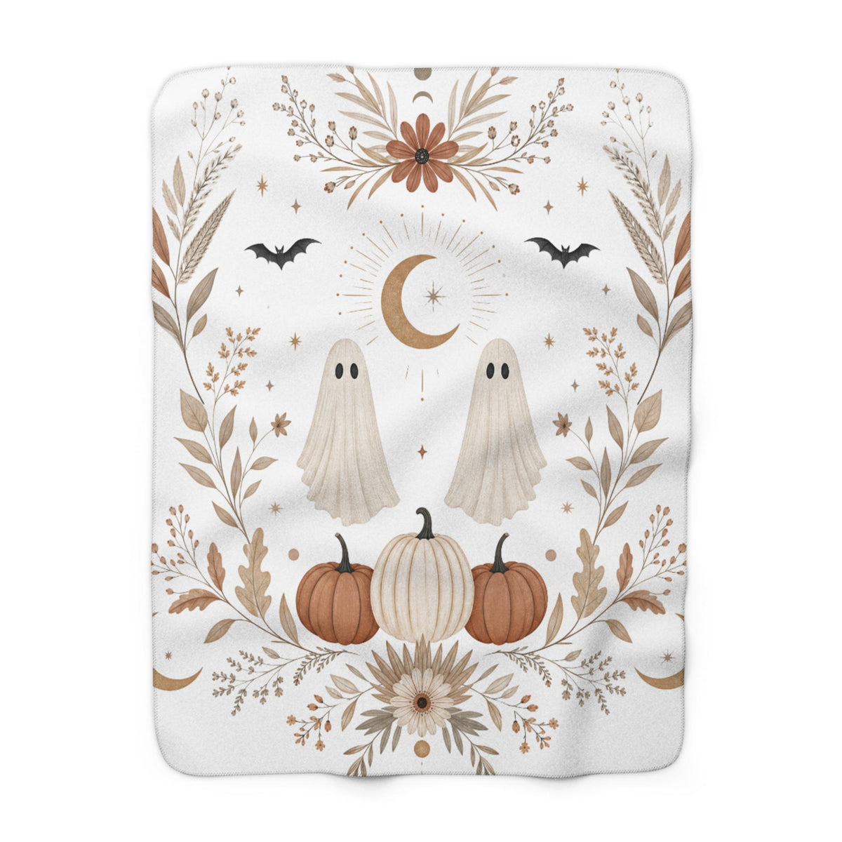 Fall Ghosts Pumpkin Floral Sherpa Fleece Blanket | Halloween Cozy Throw