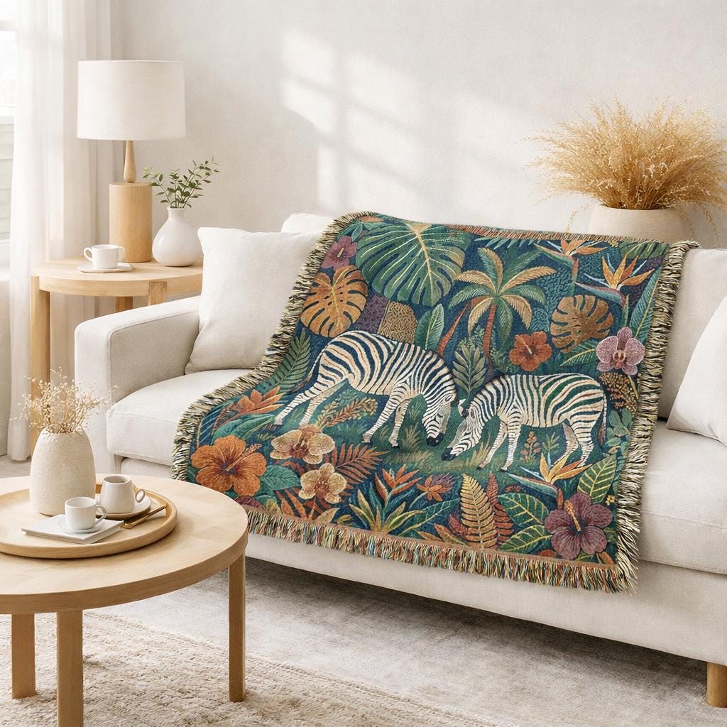 Tropical Zebra Jungle Woven Blanket | Botanical Palm Leaves, Floral Tapestry Throw