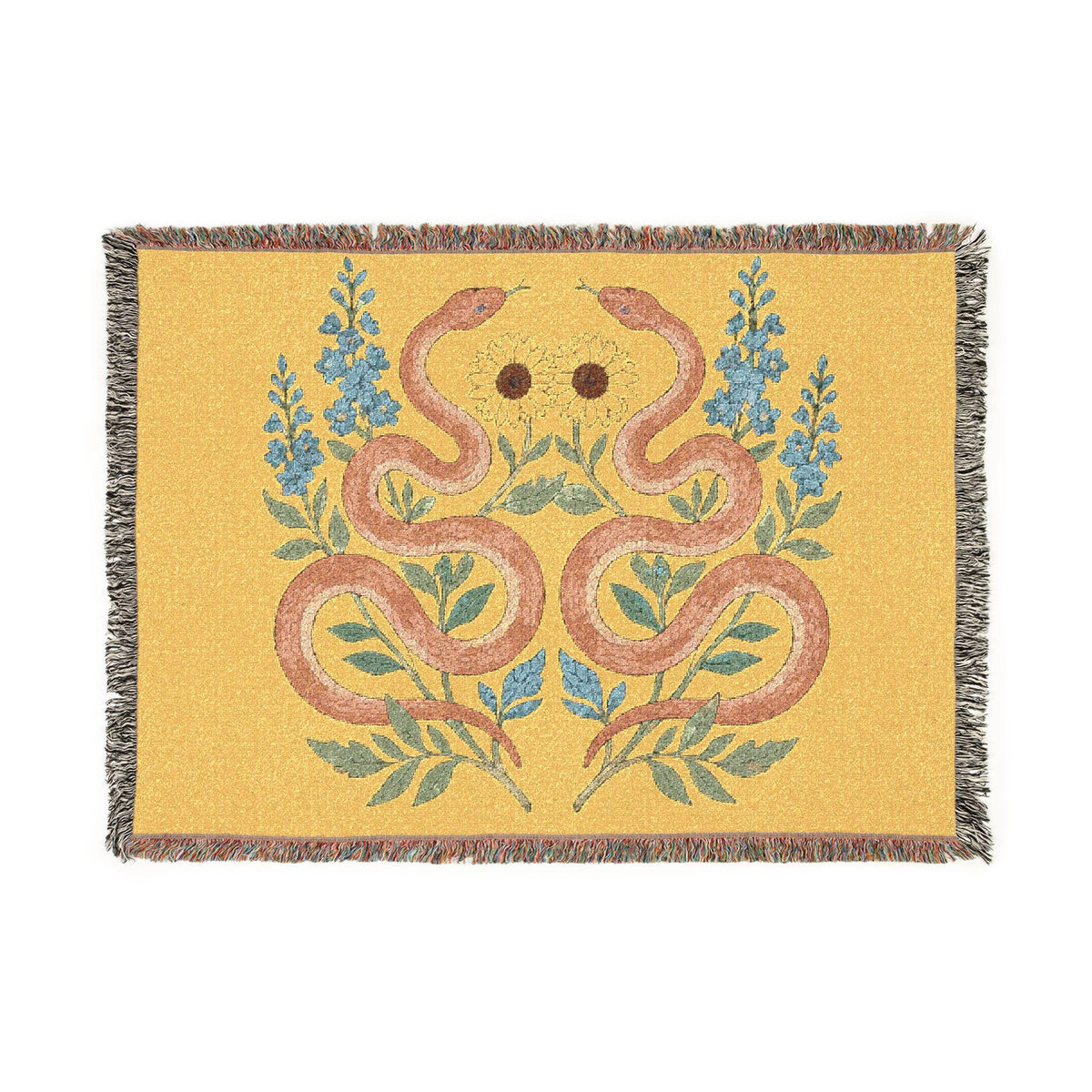 Twin Snakes Floral Woven Blanket | Boho Serpent Tapestry Throw