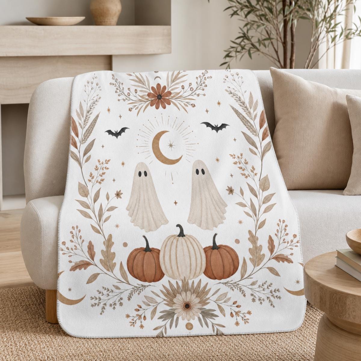 Fall Ghosts Pumpkin Floral Sherpa Fleece Blanket | Halloween Cozy Throw