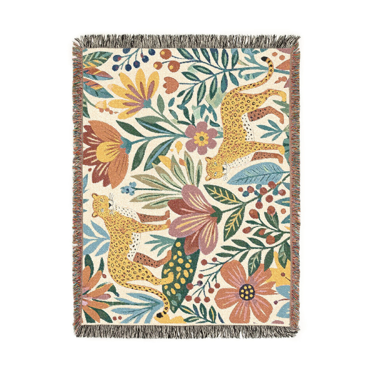 Floral Leopard Pattern Woven Blanket | Botanical Jungle Throw