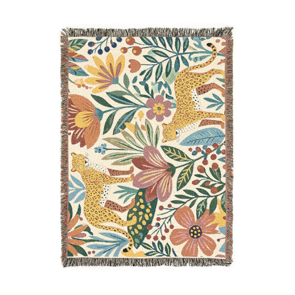 Floral Leopard Pattern Woven Blanket | Botanical Jungle Throw