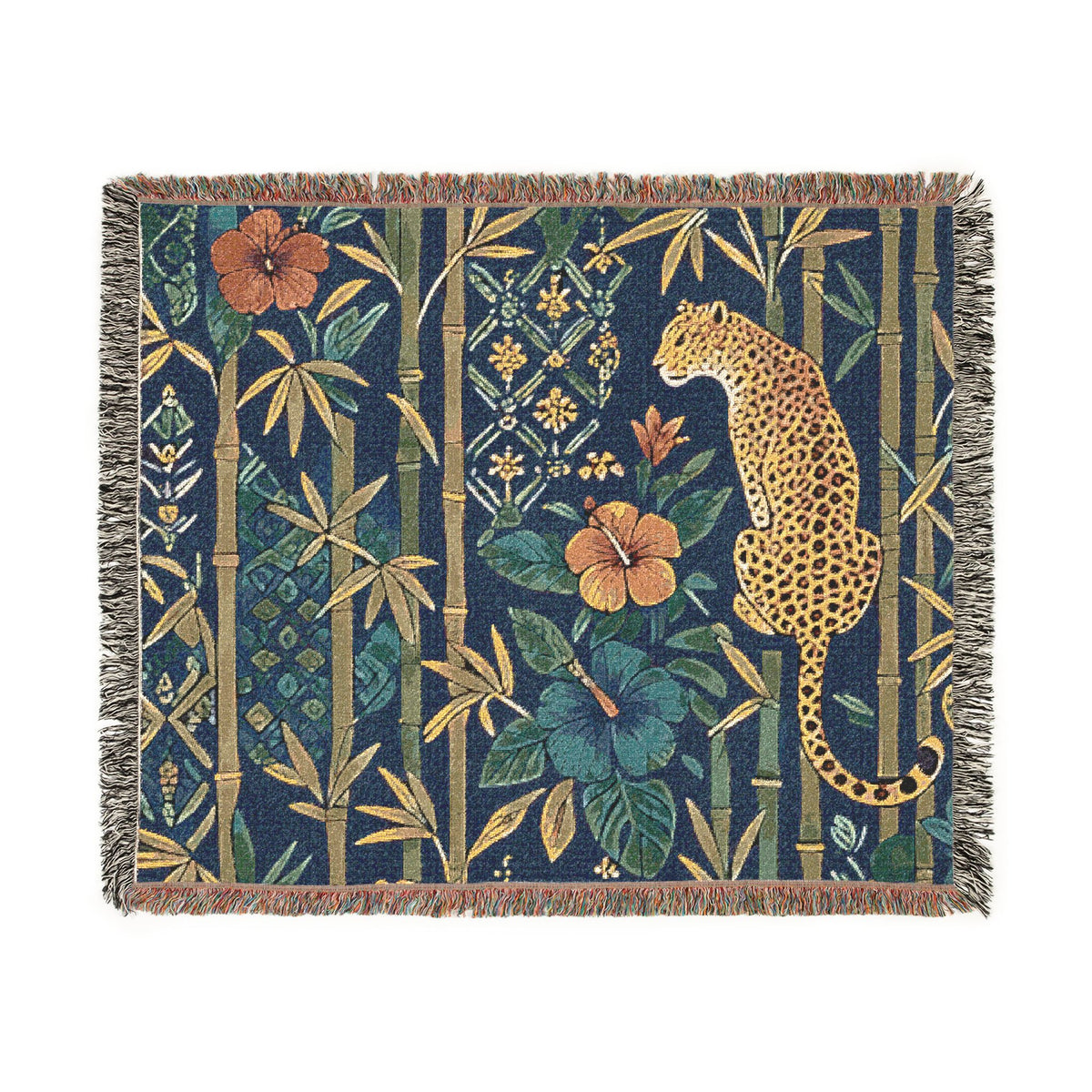 Golden Leopard Floral Woven Blanket | Tropical Bamboo Throw