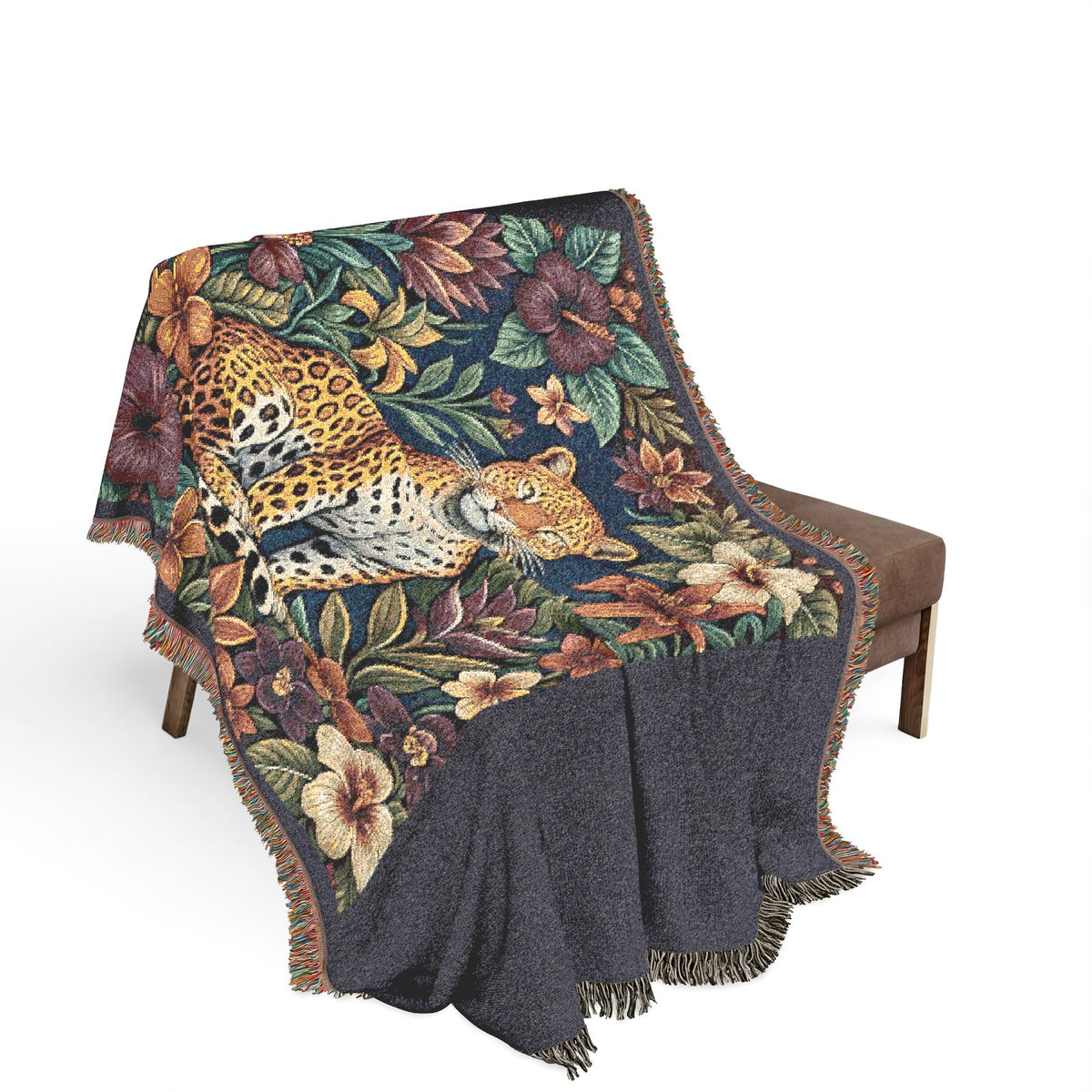 Floral Leopard Tapestry Woven Blanket | Vintage Botanical Cat Motif