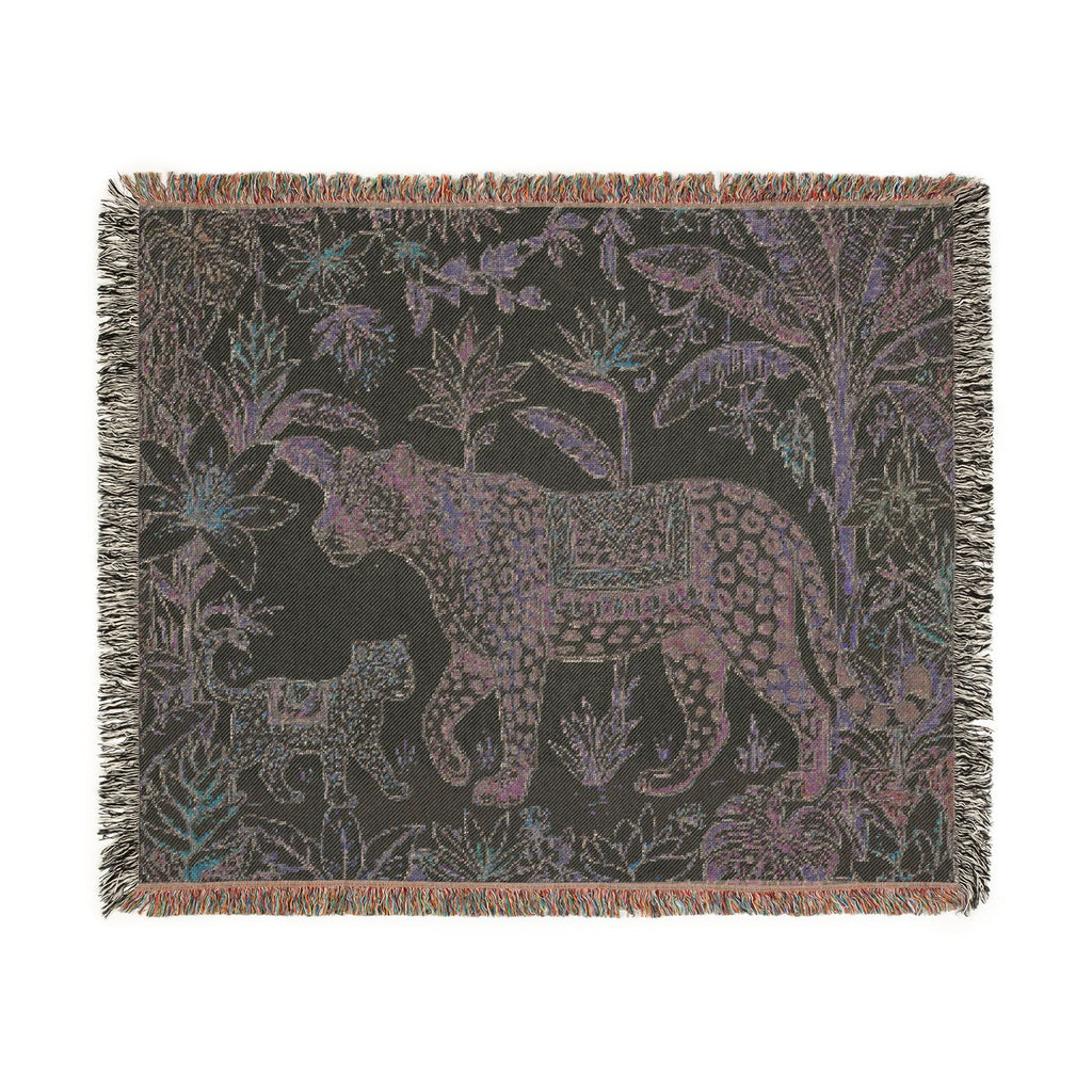 Leopard & Cub Floral Tapestry Woven Blanket | Boho Jungle Animal Throw