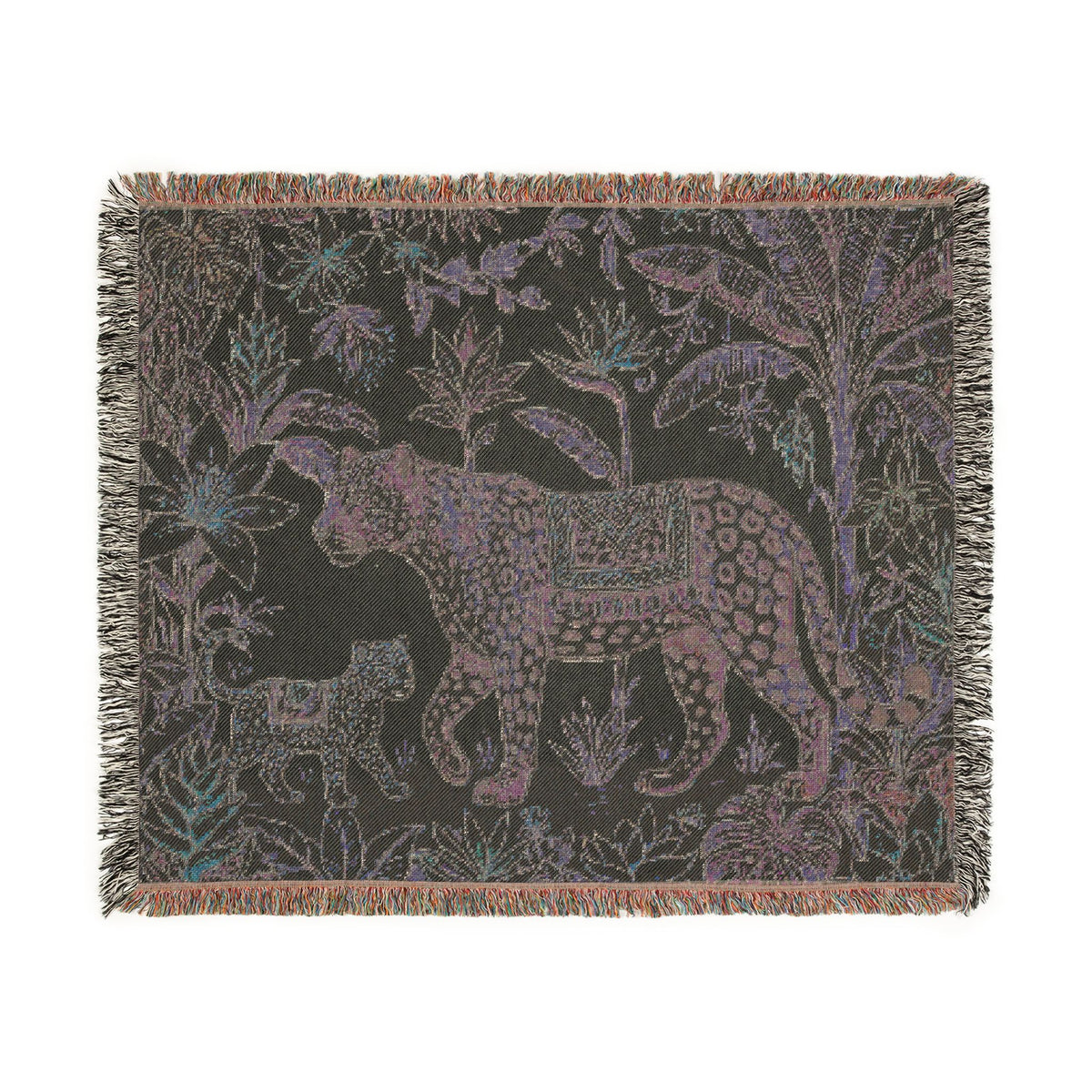 Leopard & Cub Floral Tapestry Woven Blanket | Boho Jungle Animal Throw
