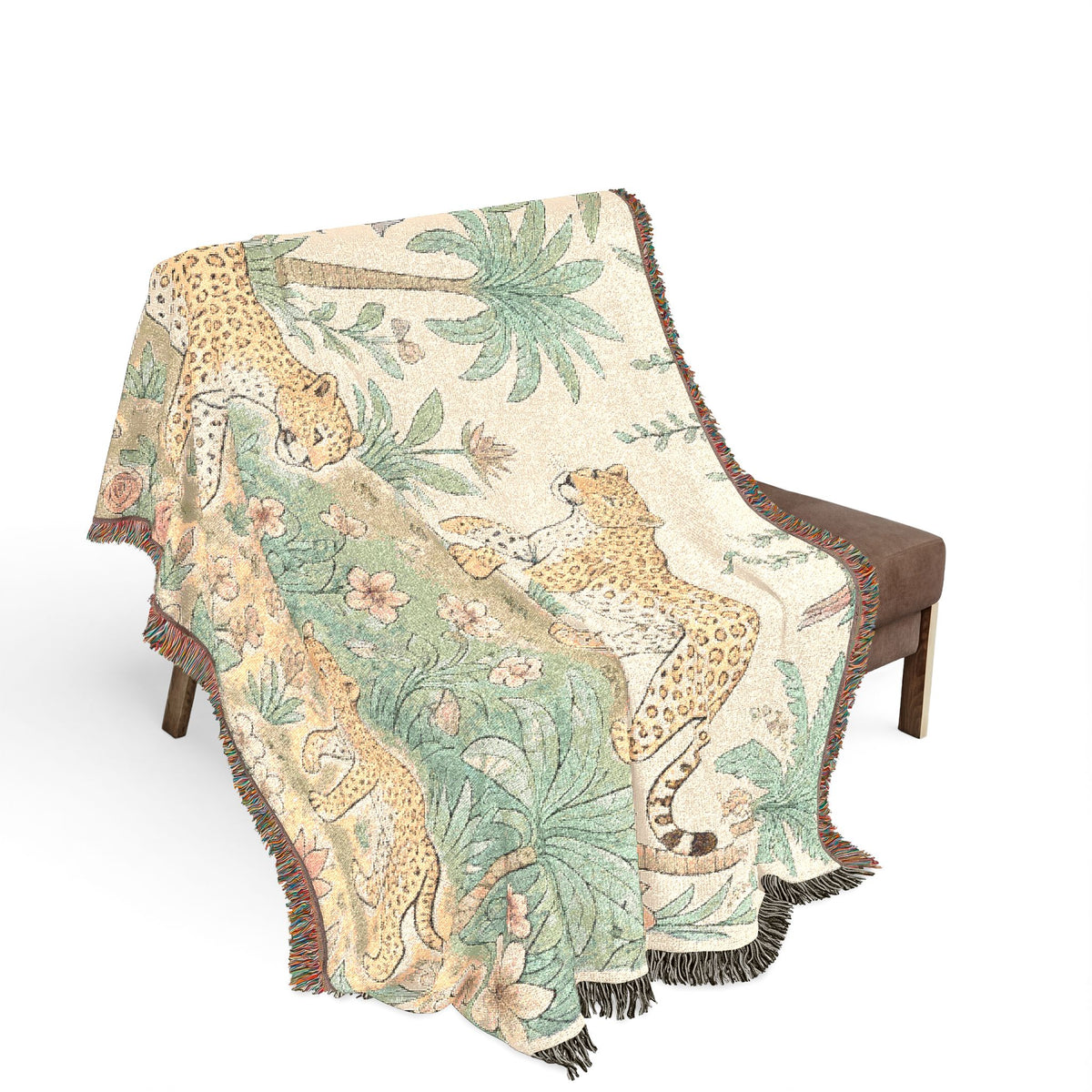 Jungle Leopard Tapestry Woven Blanket | Tropical Palm Animal Throw