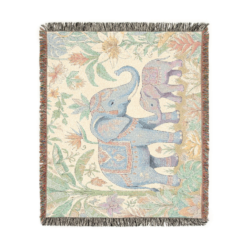 Boho Elephant Family Woven Blanket | Tapestry Throw, Jungle Floral
