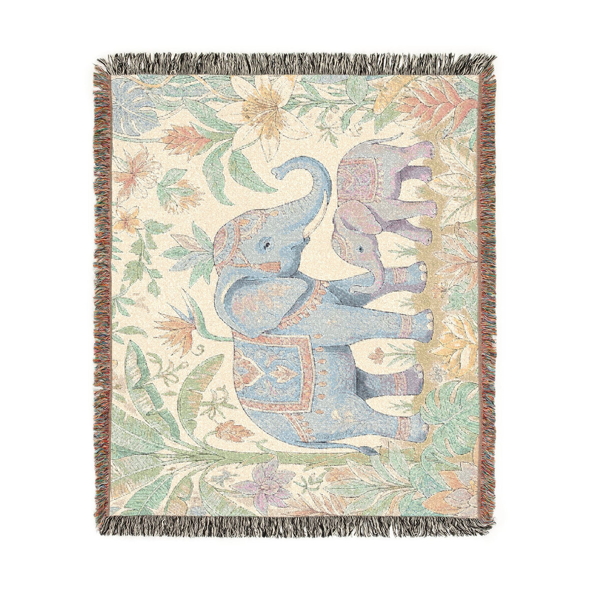 Boho Elephant Family Woven Blanket | Tapestry Throw, Jungle Floral
