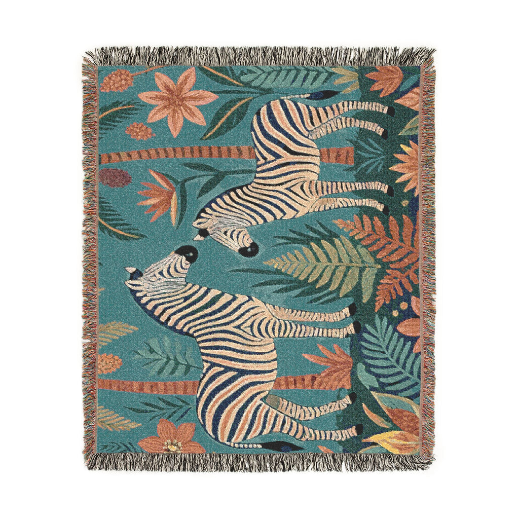 Zebra Jungle Illustration Woven Blanket | Animal Tapestry Throw