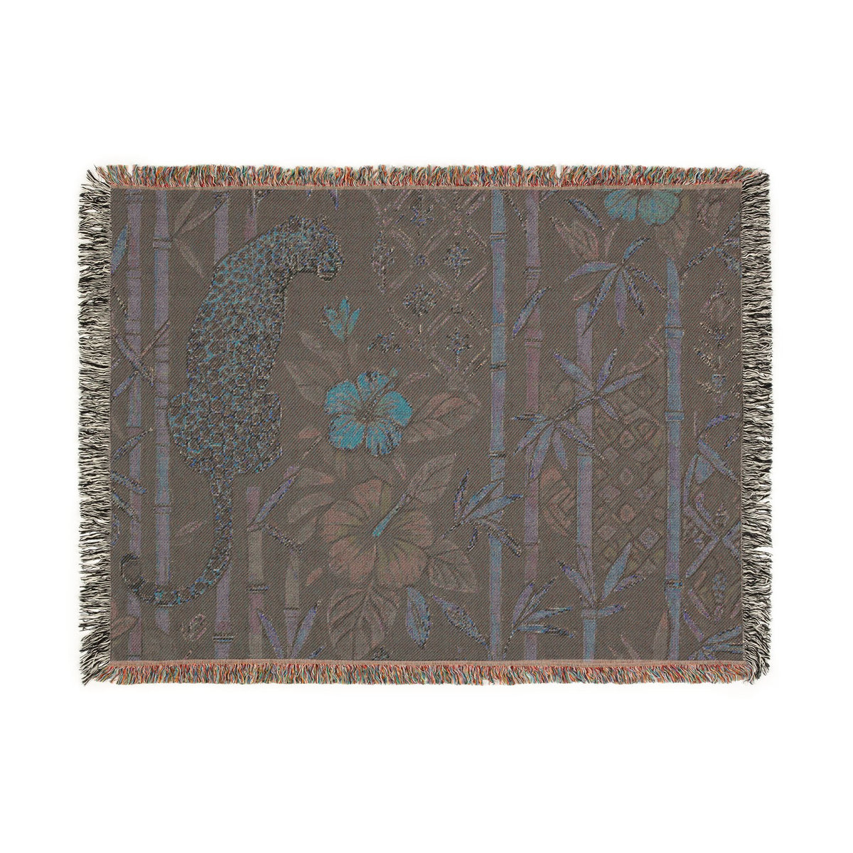 Golden Leopard Floral Woven Blanket | Tropical Bamboo Throw