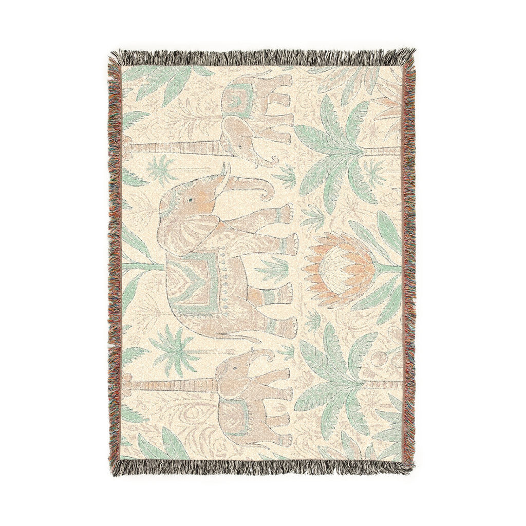 Boho Elephant Family Woven Blanket | Tropical Palm Tapestry Throw