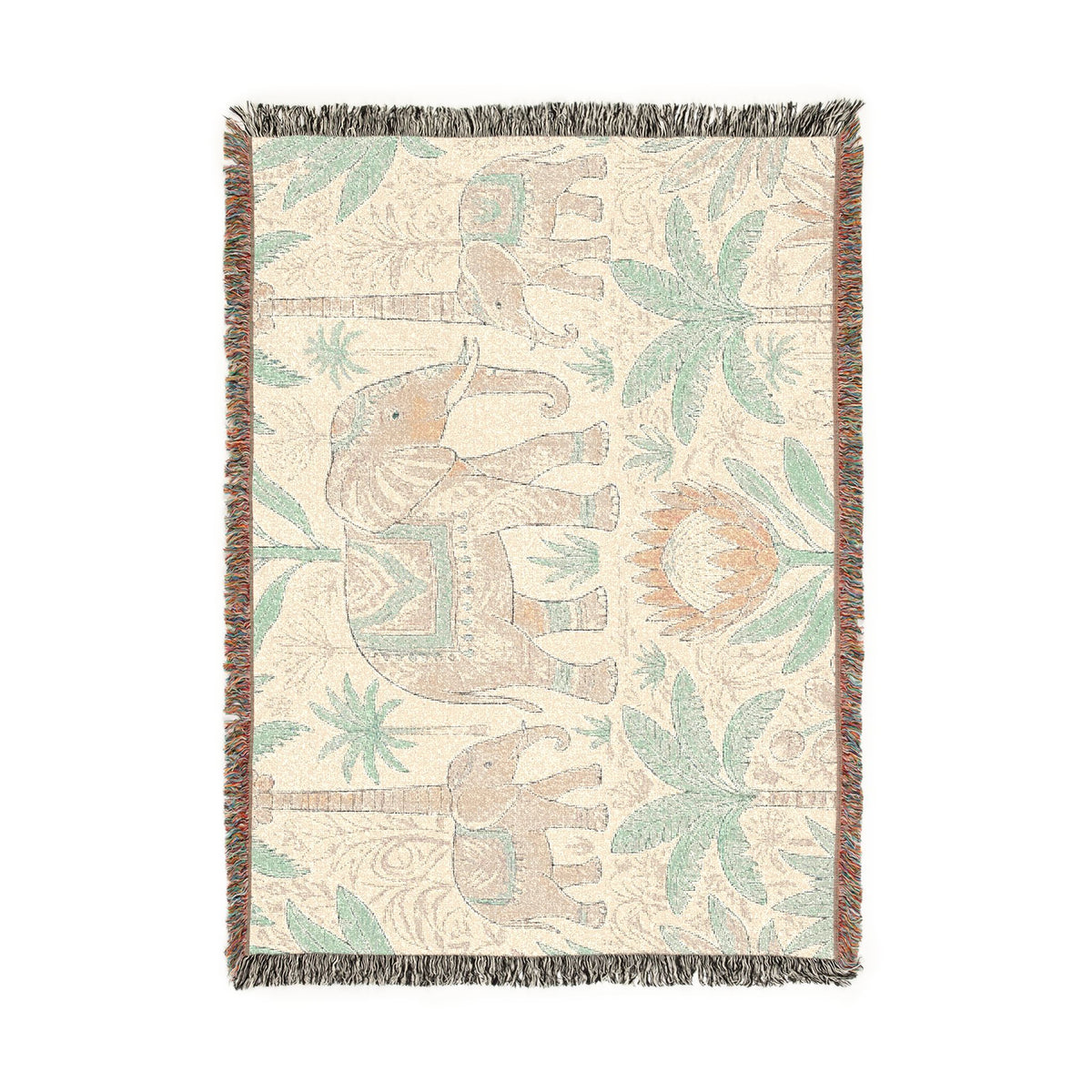 Boho Elephant Family Woven Blanket | Tropical Palm Tapestry Throw