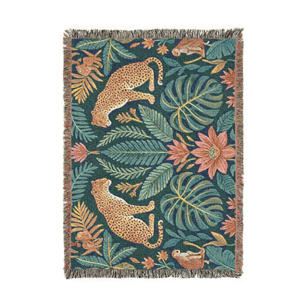 Tropical Leopard Jungle Woven Blanket | Botanical Throw, Tapestry Style