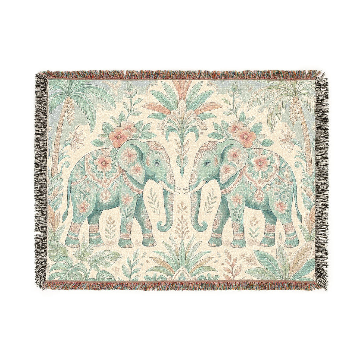 Boho Elephant Tapestry Woven Blanket | Palm Tree Floral Pattern